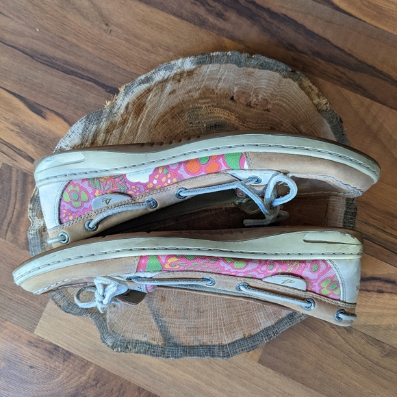 Sperry Shoes - Sperry Womens Top Sider Slipons Tan Pink Floral and Leather Size 9.5